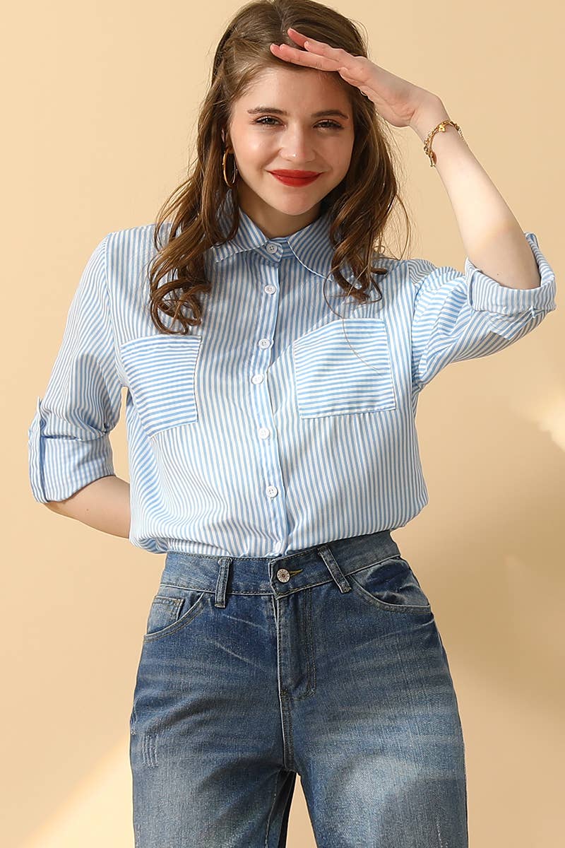 051226 Julie Striped Button Down Long Sleeve Collared Shirts