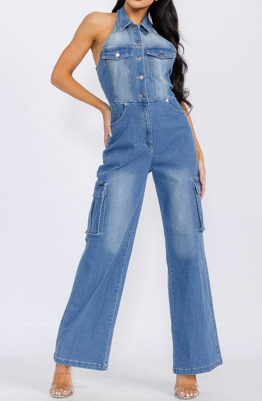 120225 Haley Denim Halter Jumpsuit