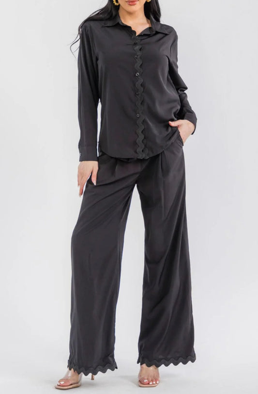 030126 BRENDA LONG SLEEVE TOP & BUTTON CLOSURE PANTS TRIM DETAILED 2 PIECES SET