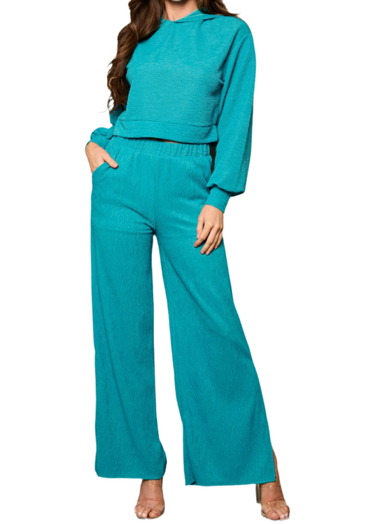 061424 - Emma Long Sleeve Hoodie Top & Wide Slit Leg Pants Set