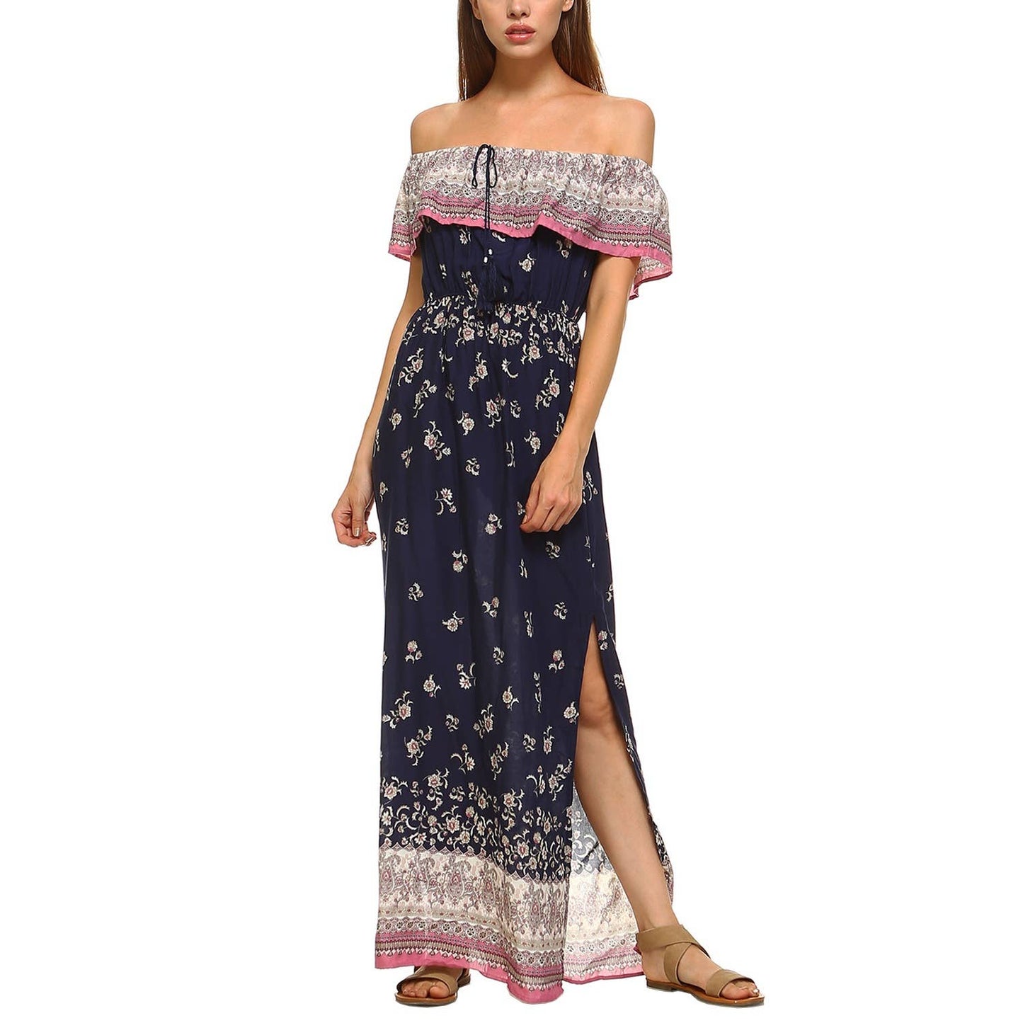 041626 Ofelia Floral Print Off Shoulder Maxi Dress