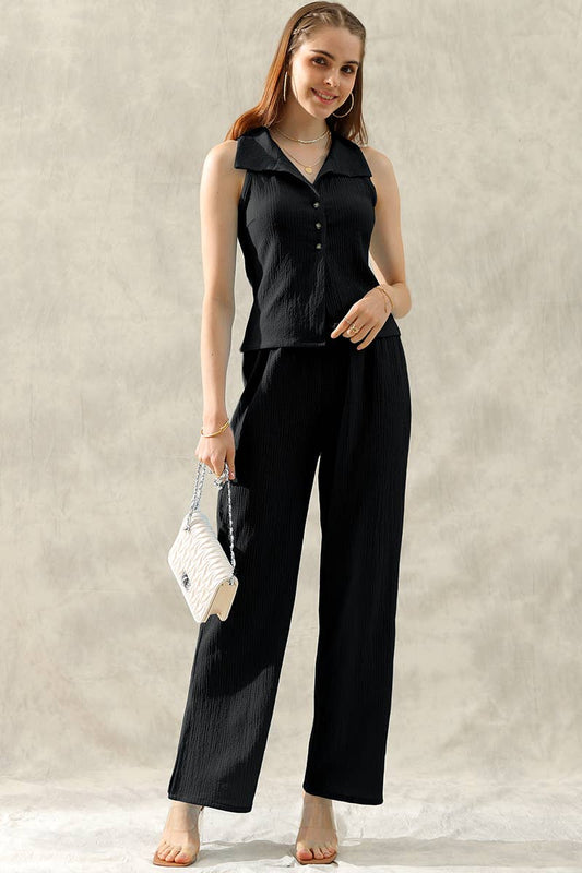 050826 - KAT TINY EMBOSSING VEST TOP AND SLIT PANT SET