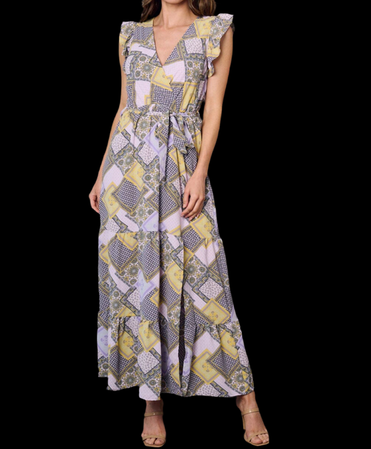 060324 - Claudia surplice top self tie multi-print maxi dress