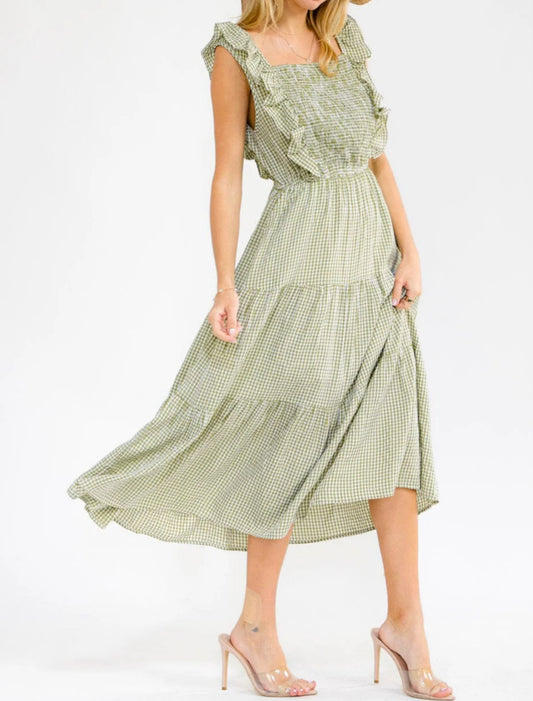 030426 CHARLYN SLEEVELESS FRONT POCKETS RUFFLE TIERED PLAID MAXI DRESS