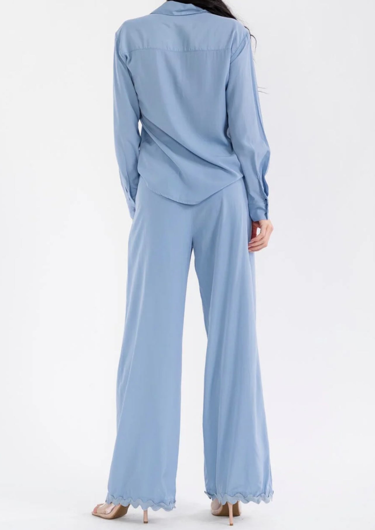030126 BRENDA LONG SLEEVE TOP & BUTTON CLOSURE PANTS TRIM DETAILED 2 PIECES SET