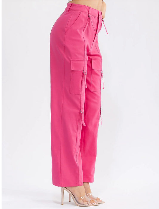 041426 Candy Button Closure Cargo Pockets Wide Leg Pants