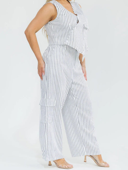 041926 Tabitha Striped Detail Sleeveless Blouse & Pant Set - 2 pc set