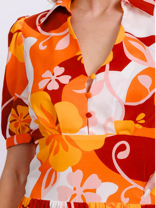 050225 - Daniela Short Sleeve Button Up Smock Waist Multi print Maxi Dress