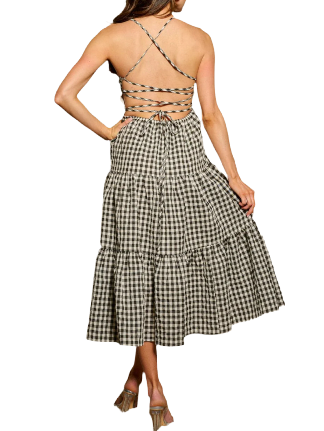 061124 - Renata Sleeveless Open Back Tiered Checkered Print Maxi Dress