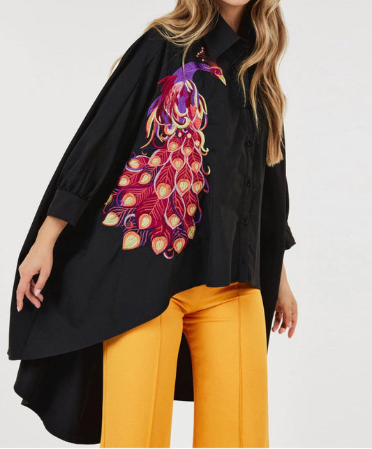 021425 Mimi Long Sleeve Button Up High Low Print Tunic Blouse