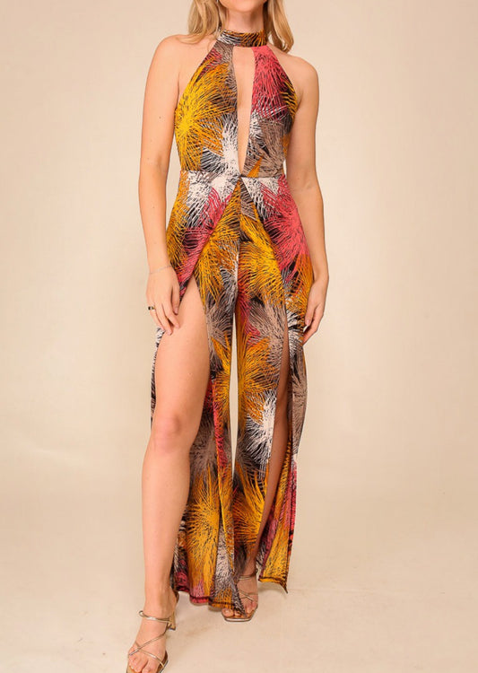 041324 - Ginger Halter Print Jumpsuit with Front Slit