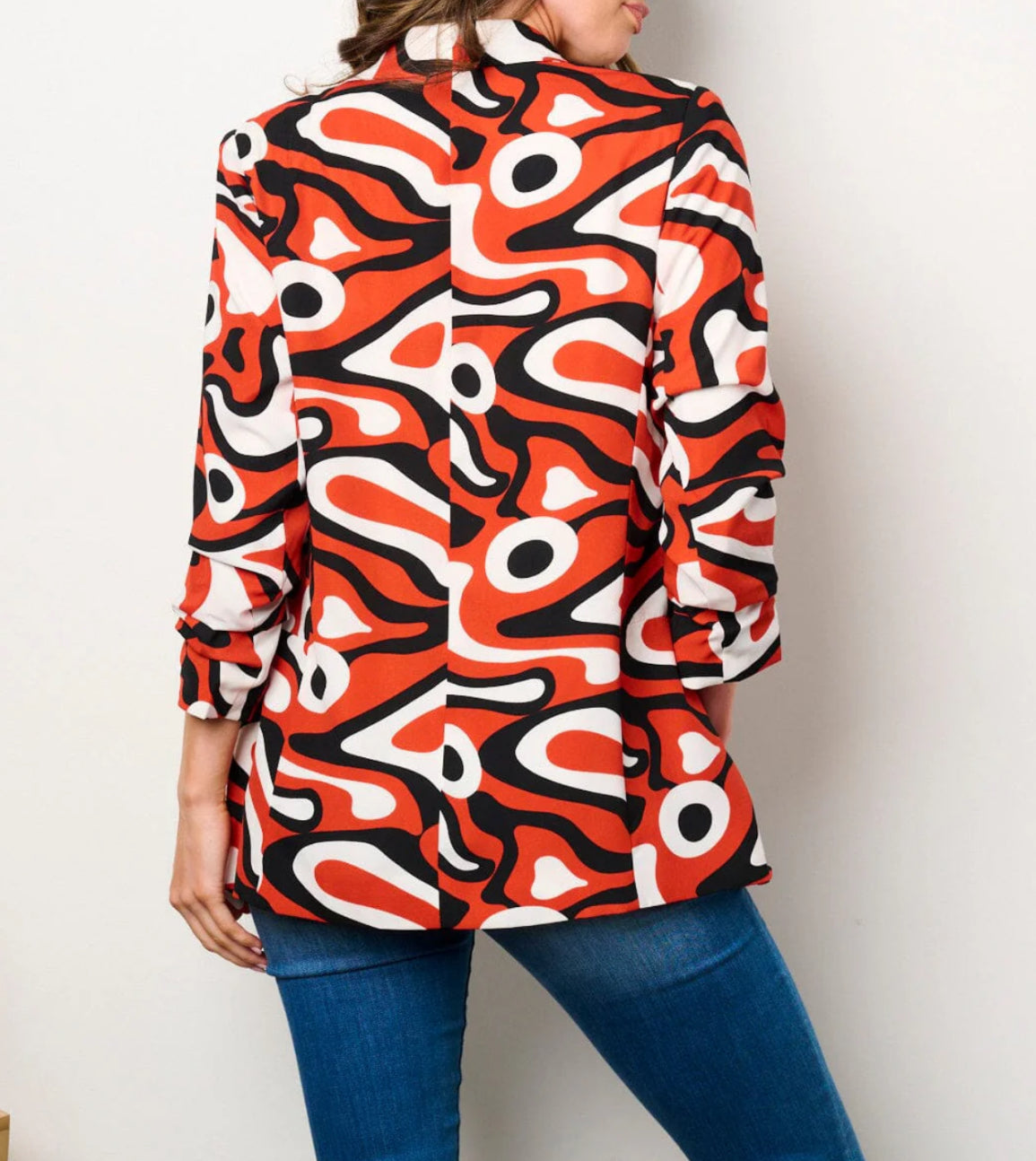 061624 - Tandie 3/4 Ruched Sleeves Open Front Pockets Printed Blazer