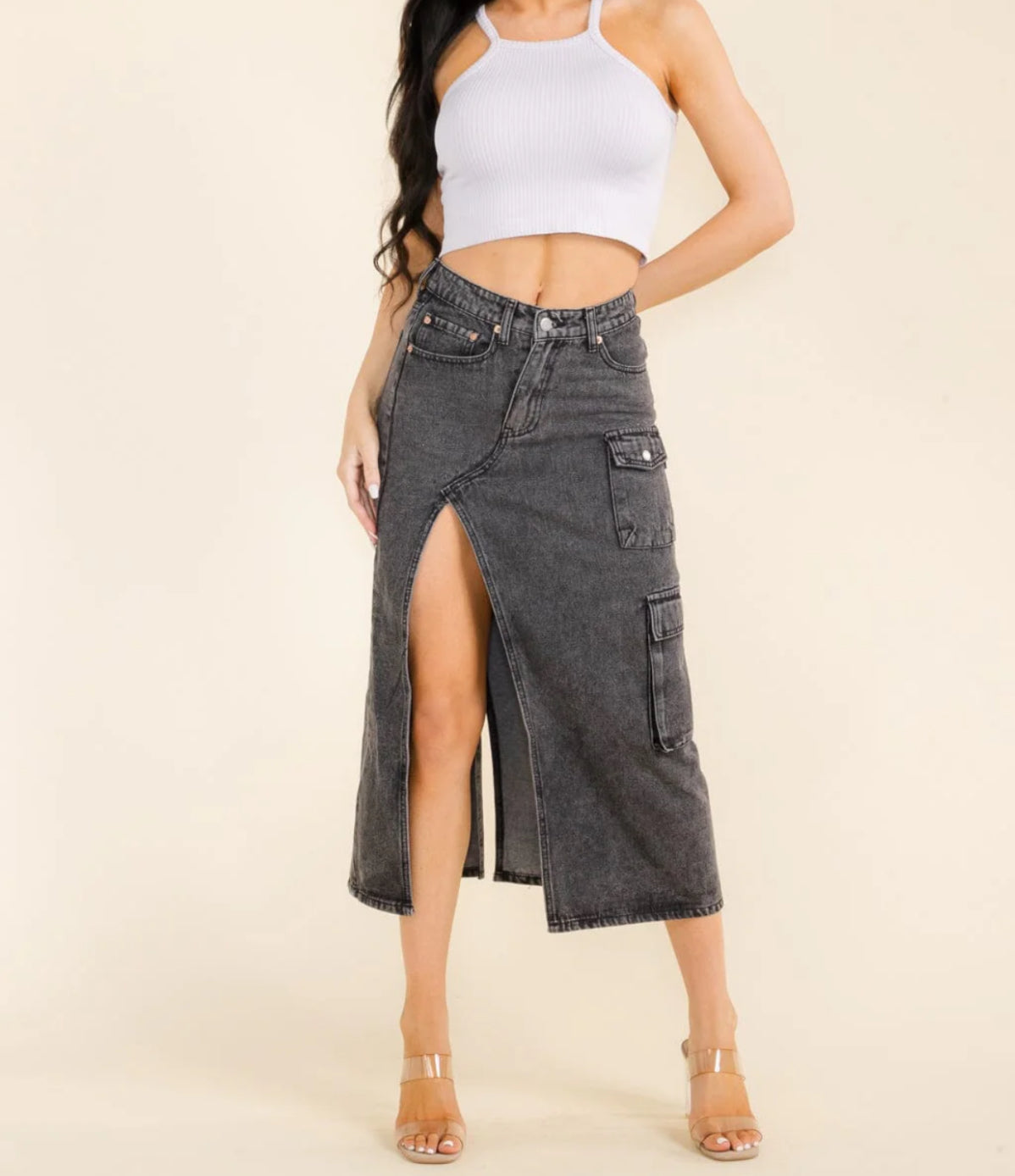 061125 - Evangeline Side Slits Denim Midi Skirt