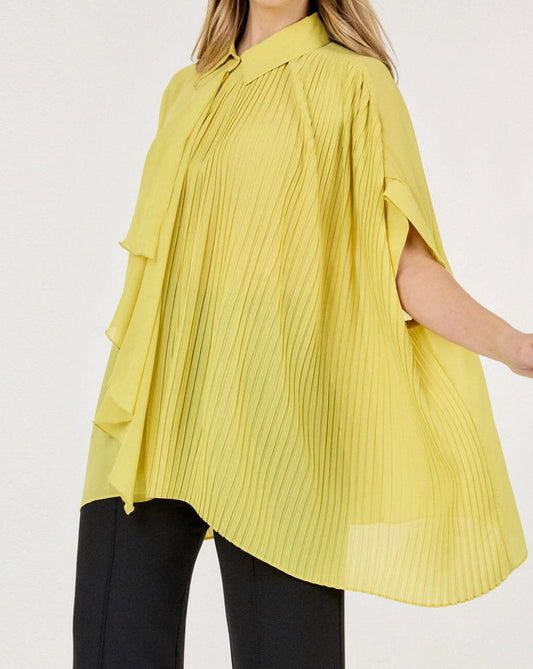 020225 Candy Short Sleeve Button-up Pleated Tunic Blouse