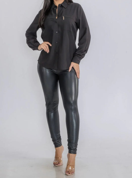 020925 Darcy Black Long Sleeve Side Pocket Button Up Blouse