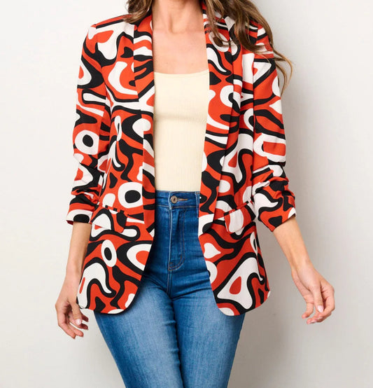 061624 - Tandie 3/4 Ruched Sleeves Open Front Pockets Printed Blazer