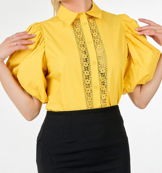 021025 Jay Puff Sleeve Button Up Crocheted Detailed Blouse