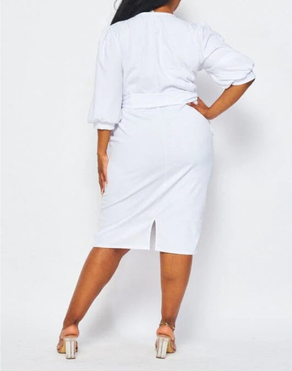 061924 - Plus Size - 3/4 Puff Sleeve Surplice Self Tie Pockets Mini Dress