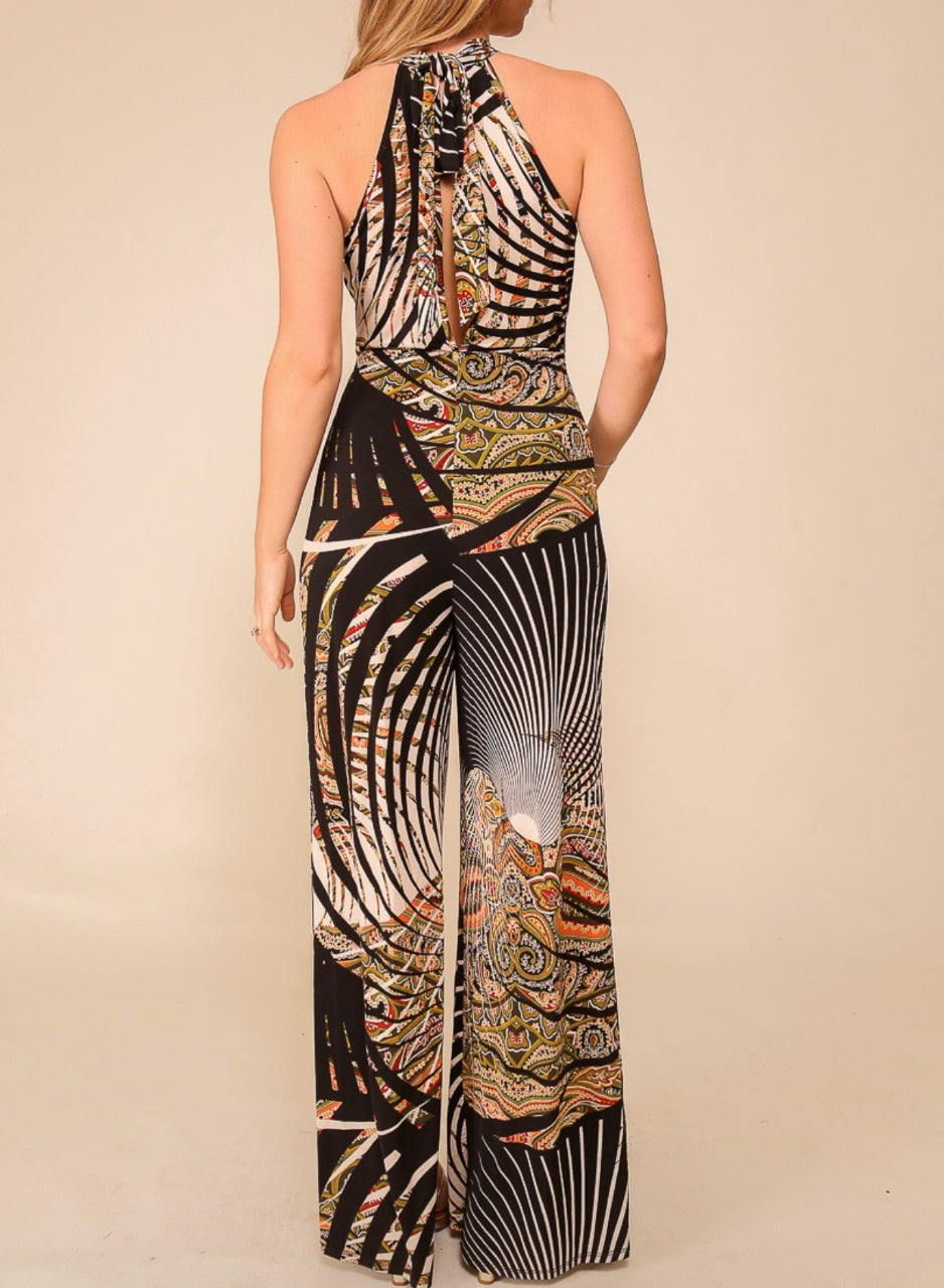 041324 - Ginger Halter Print Jumpsuit with Front Slit
