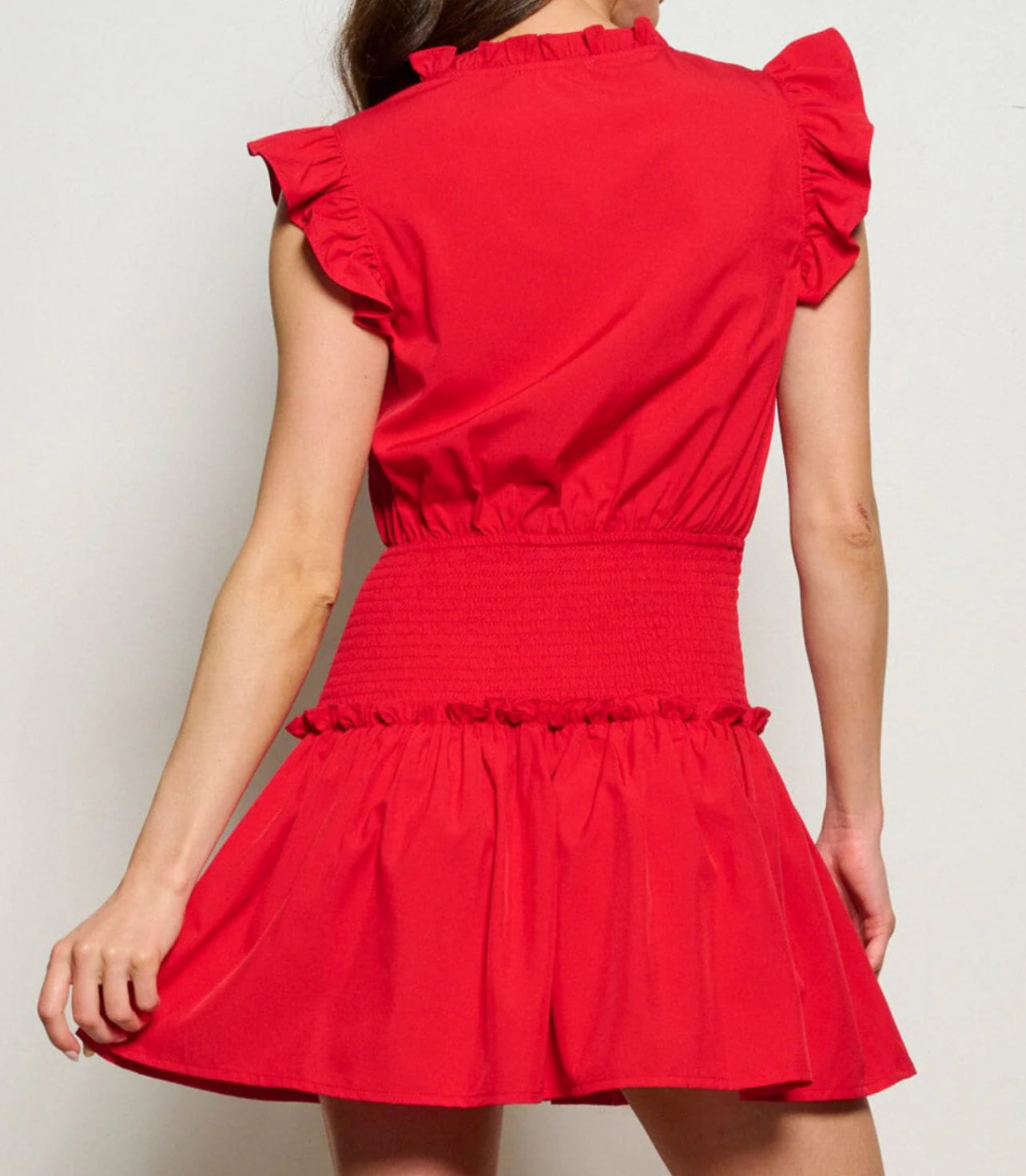 010325 Elouise Ruffle Sleeve V-neck Smock Fit & Flare Mini Dress