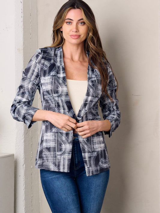 8213 Single Button Blazer with 3/4 Ruched Sleeve