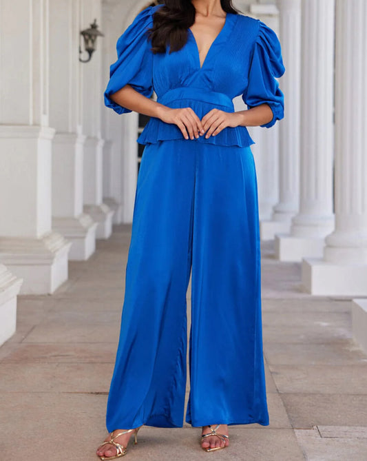 050925 - Laura Puff Sleeves Wide Leg Jumpsuit