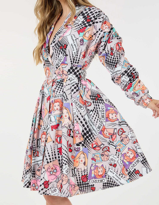 021325 Jonne Long Ruched Sleeve Front Pockets Multiprint Mini Dress