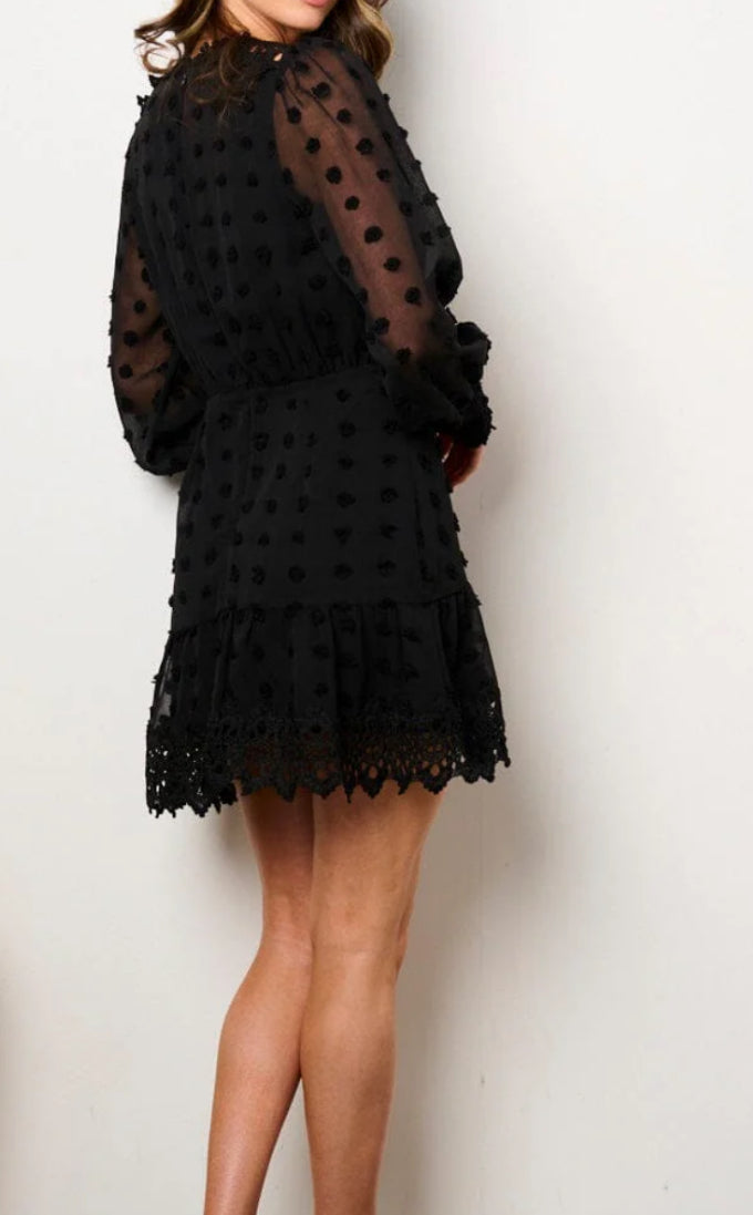 051124 - Flora Long Sleeve Swiss Dots Eyelet Trim Mini Dress
