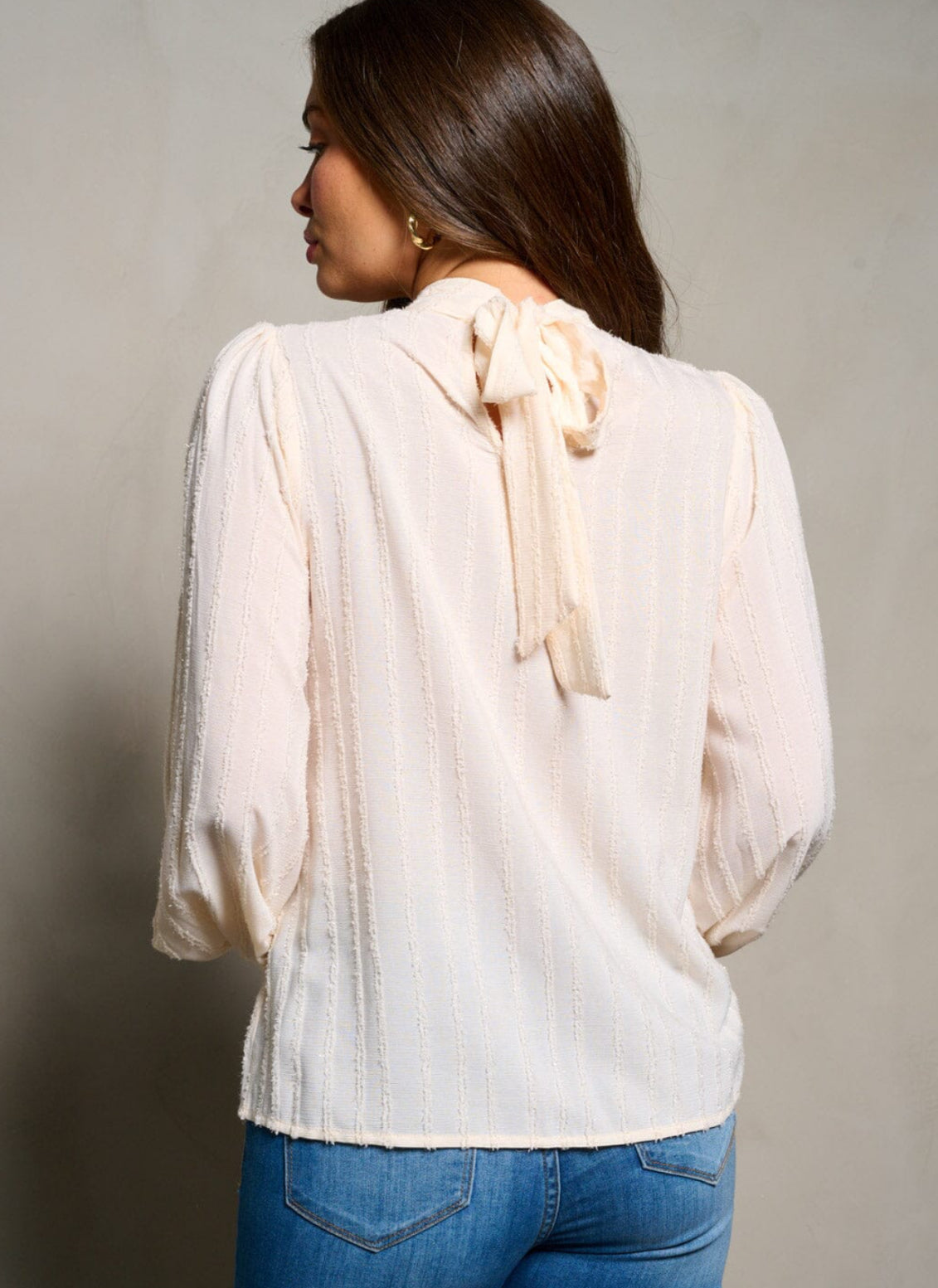 061724 - Maryann Long Puff Sleeve V-neck Shimmer Blouse