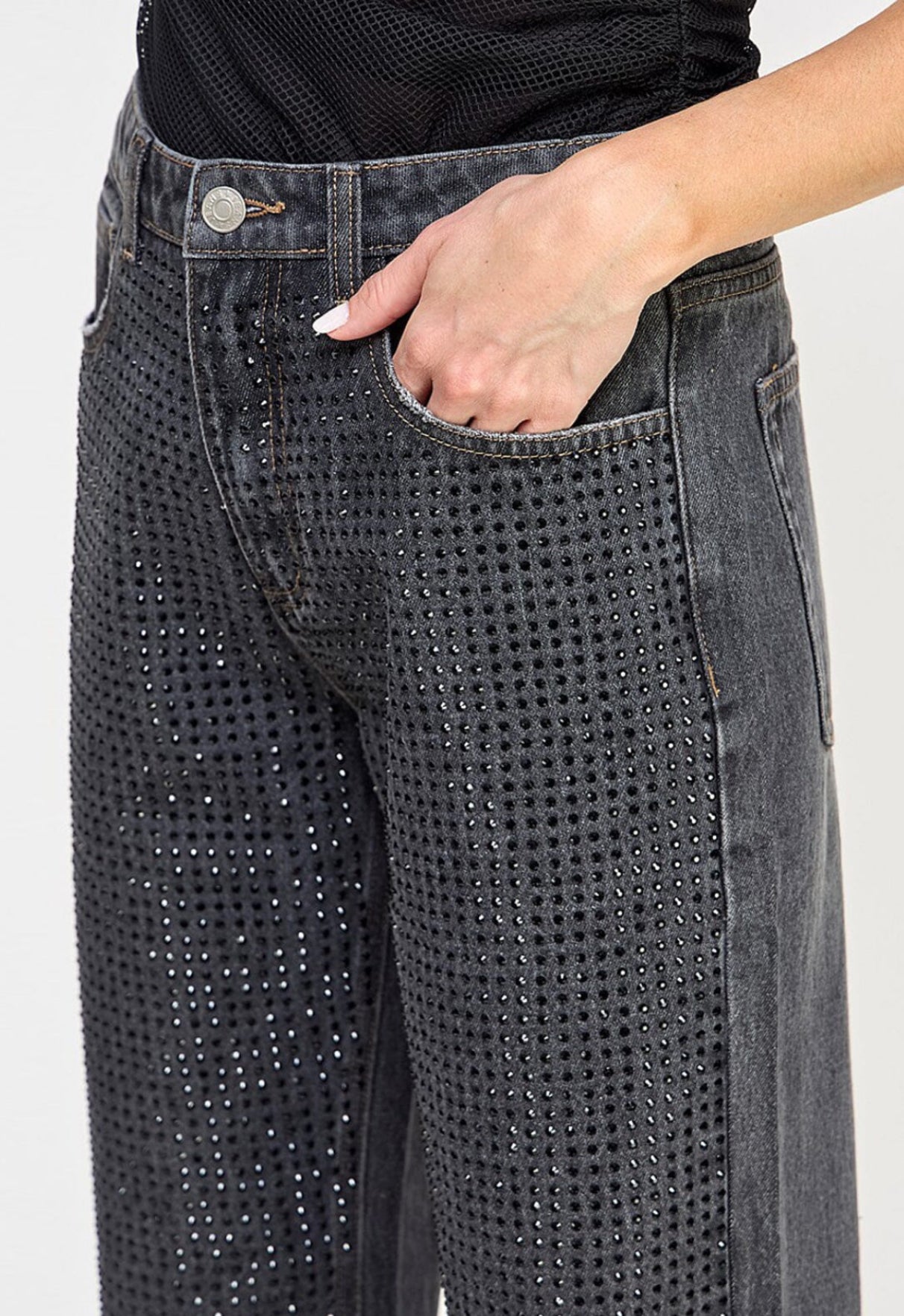 061524 - Julie Button Closure Pockets Wide Leg Denim Studs Pants