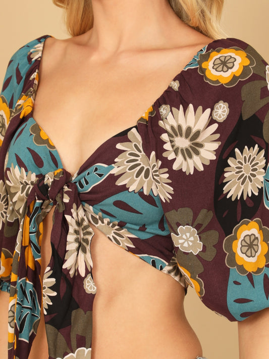 101124 - Malou Multi Colored Puff Sleeve Knot Detail Printed Top & Pants Set