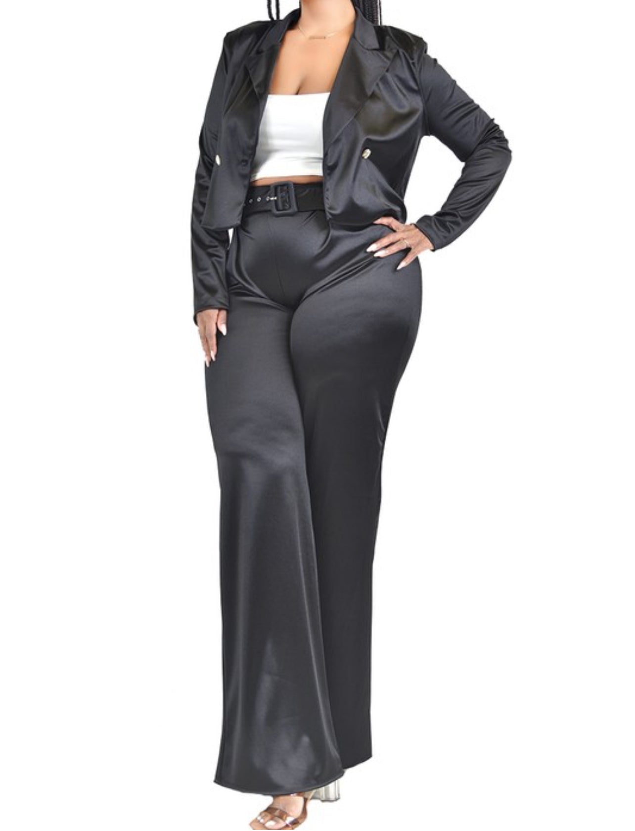 100424 - Plus-Elizabeth Satin Double Breasted Blazer and Pants Set