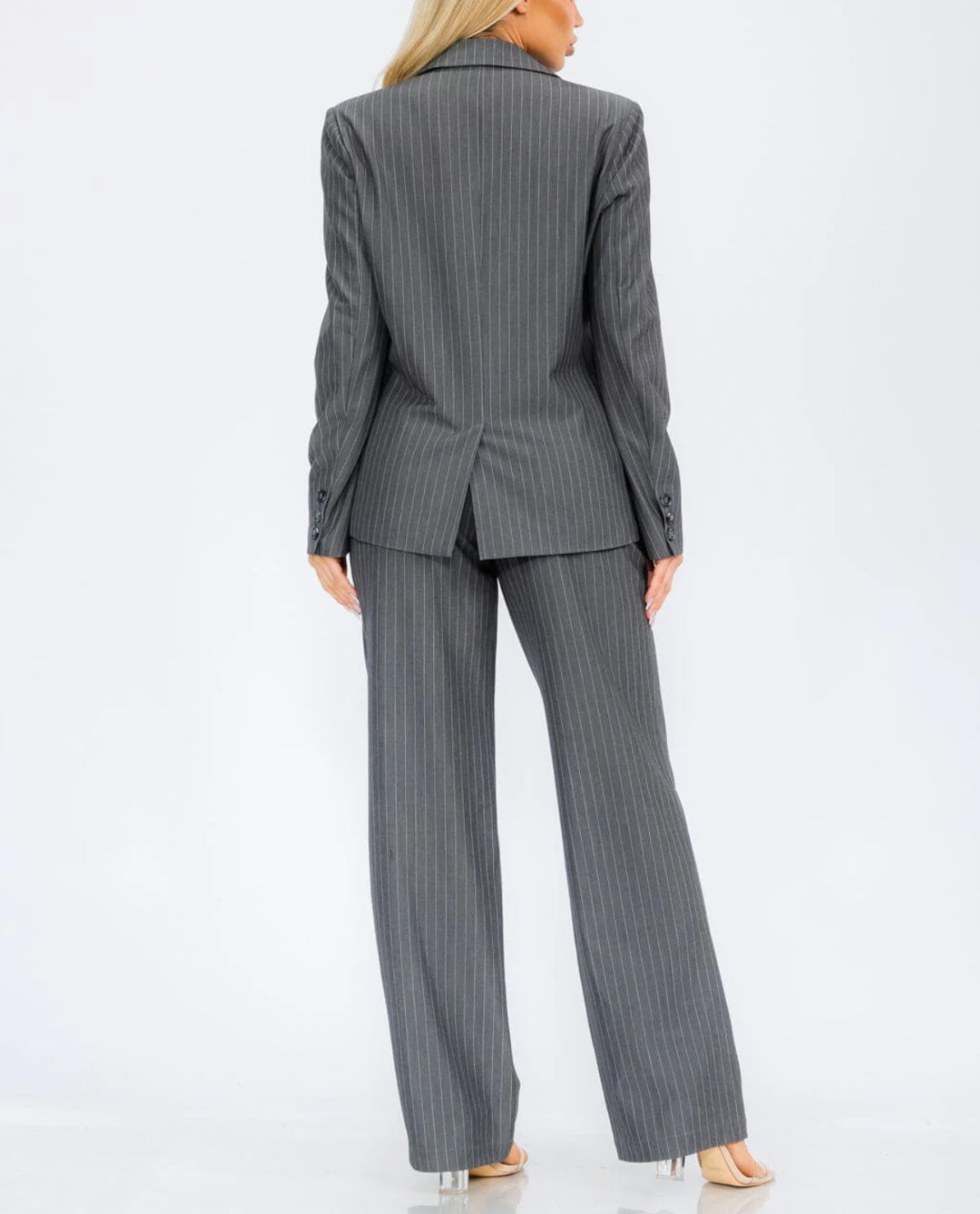 091024 - Stephanie Stripe Long Sleeve Blazer & Button Closure Wide Leg Pants - 2 piece set