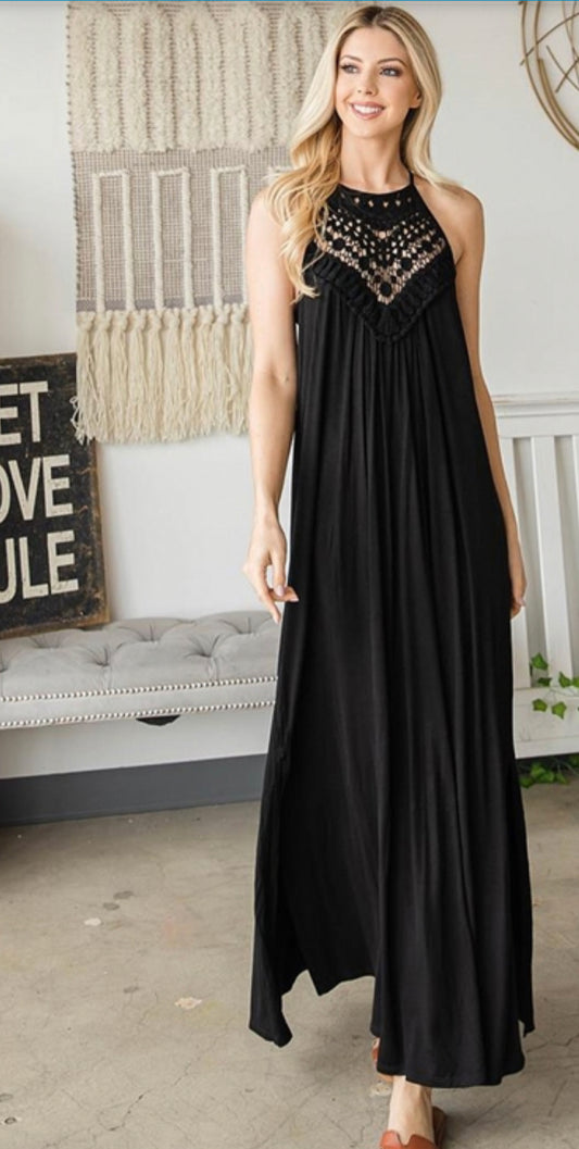 7083 - Halter Crochet Top Maxi Dress