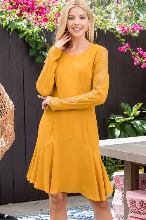 7323 Mustard Dress with Lace Strip Sleeve