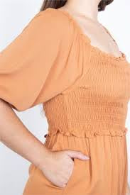 052323 - Plus Size - Ginger Puff Sleeve Smocked Top Jumpsuit