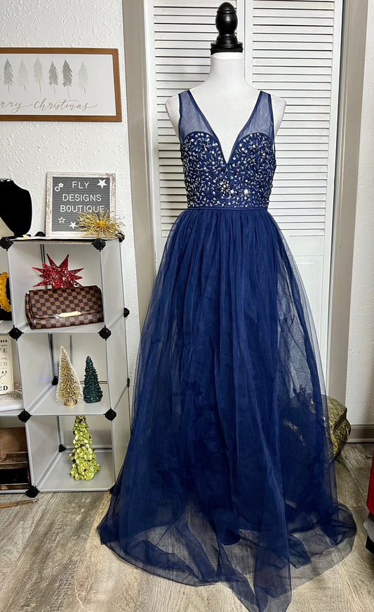 Blue V-neck Ballgown