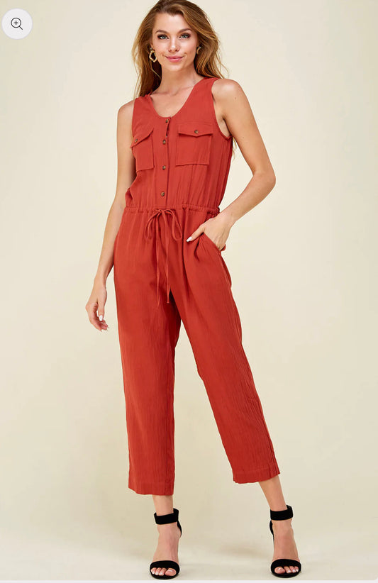 042 Drawstring Button Down Jumpsuit