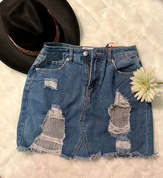 Blue Denim Mini Skirt with Lace