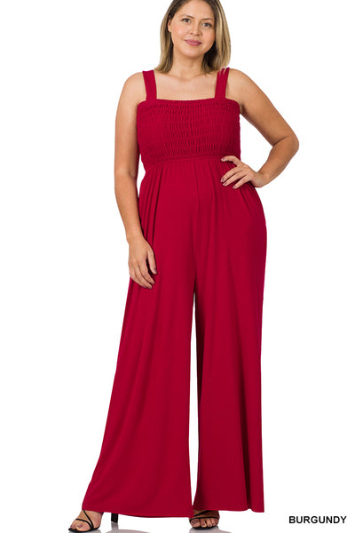 Burgundy Smocked Top Jumpsuit with Pockets