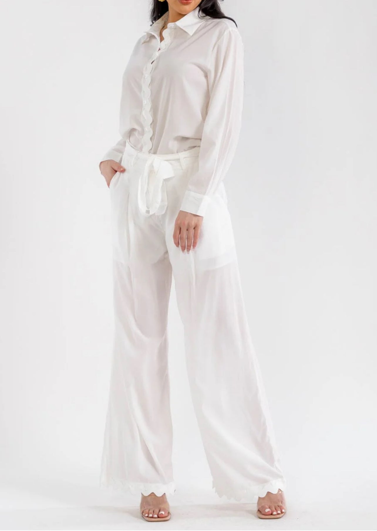 030126 BRENDA LONG SLEEVE TOP & BUTTON CLOSURE PANTS TRIM DETAILED 2 PIECES SET