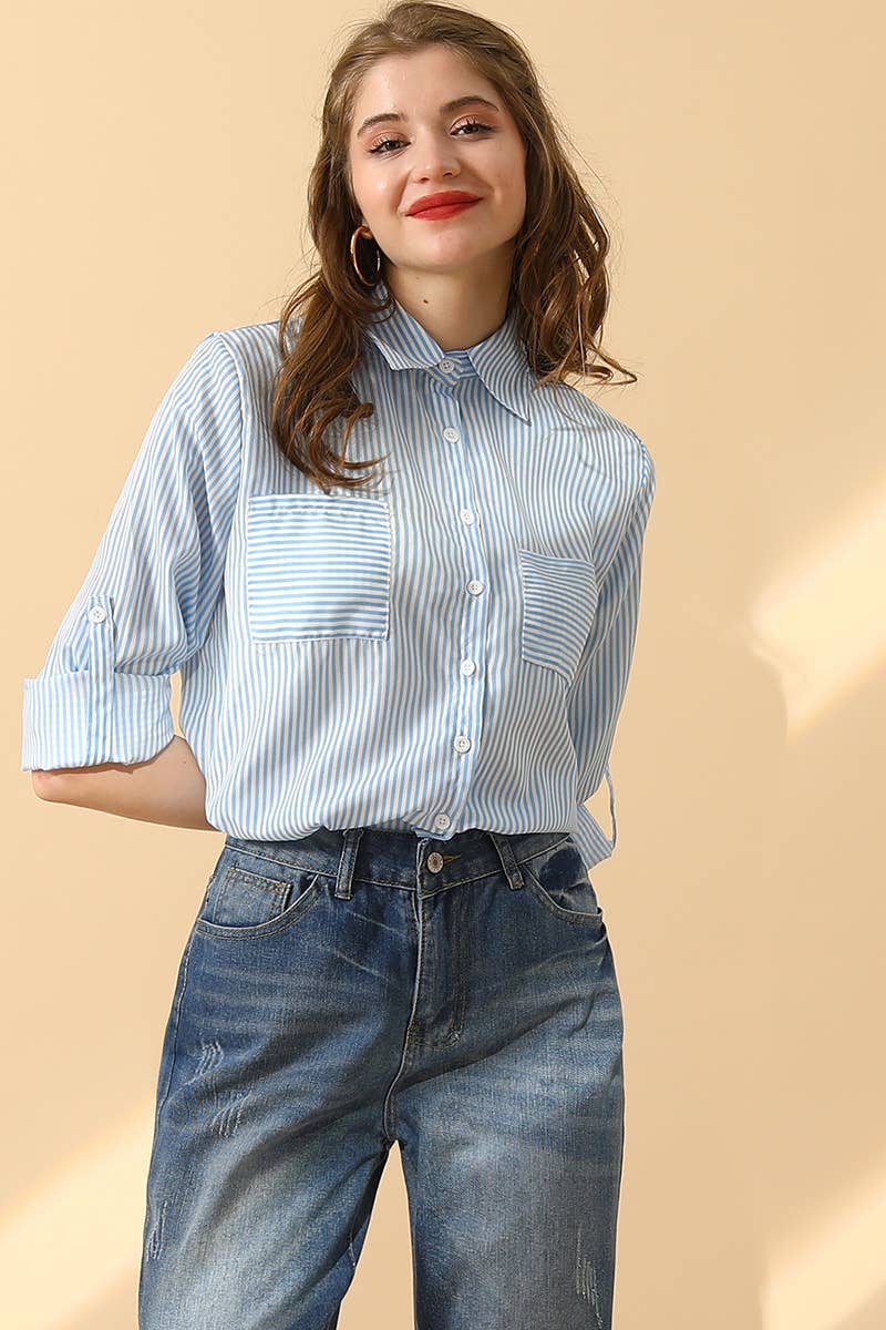 051226 Julie Striped Button Down Long Sleeve Collared Shirts
