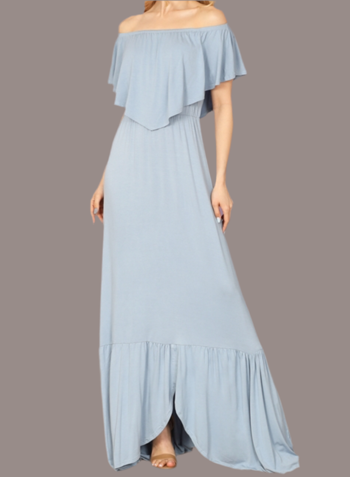 110424 - Salve Blue Off-shoulder with Ruffle Detail Maxi Dress