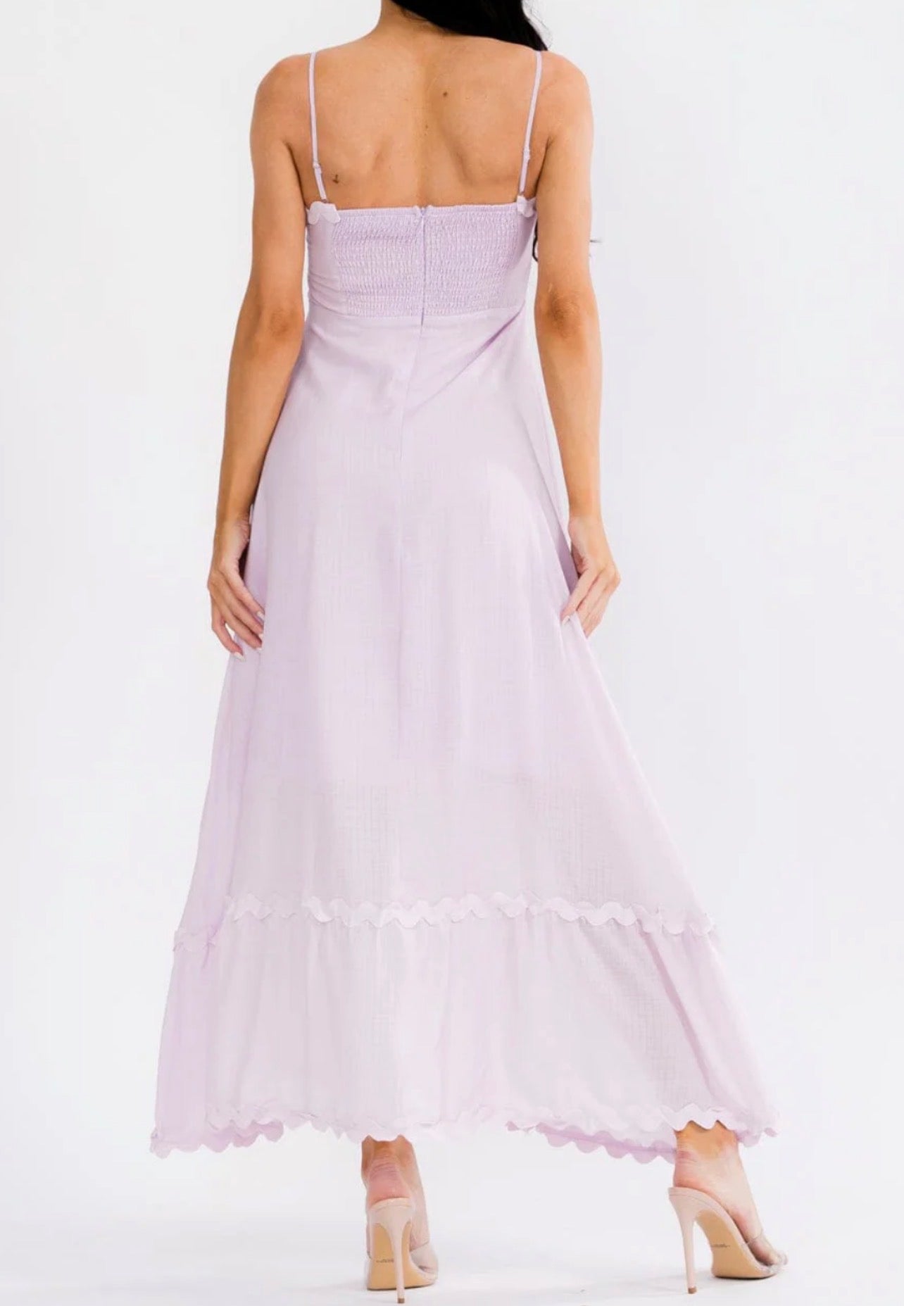 050226 - Stephanie Sleeveless Smock Trim Maxi Dress