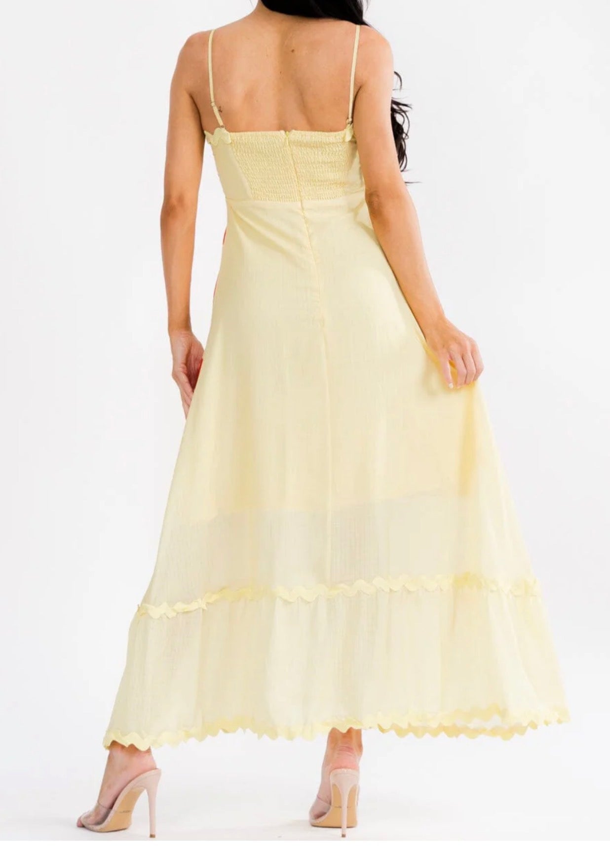 050226 - Stephanie Sleeveless Smock Trim Maxi Dress
