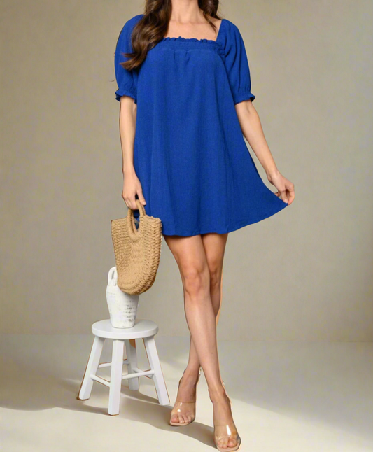 052624 Lacey Short Puff Sleeve Square Neck Tunic Mini Dress