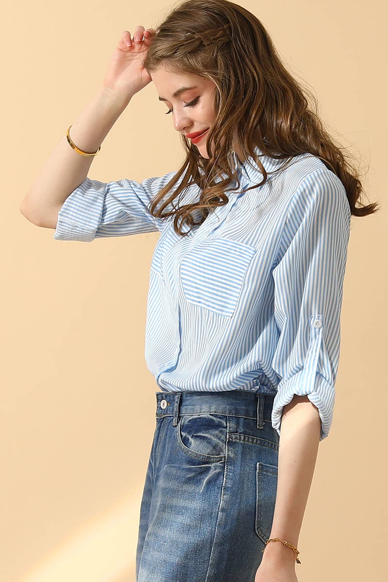 051226 Julie Striped Button Down Long Sleeve Collared Shirts