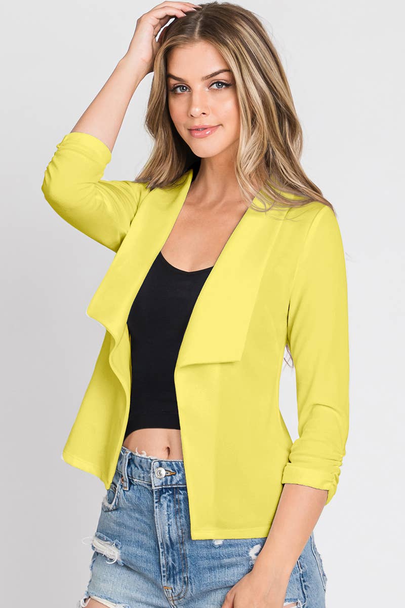 050526 - Bridget Casual Work Ruched 3/4 Sleeve Open Front Blazer