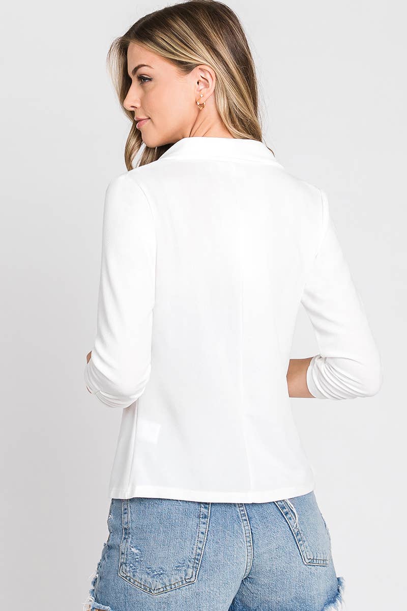 050526 - Bridget Casual Work Ruched 3/4 Sleeve Open Front Blazer