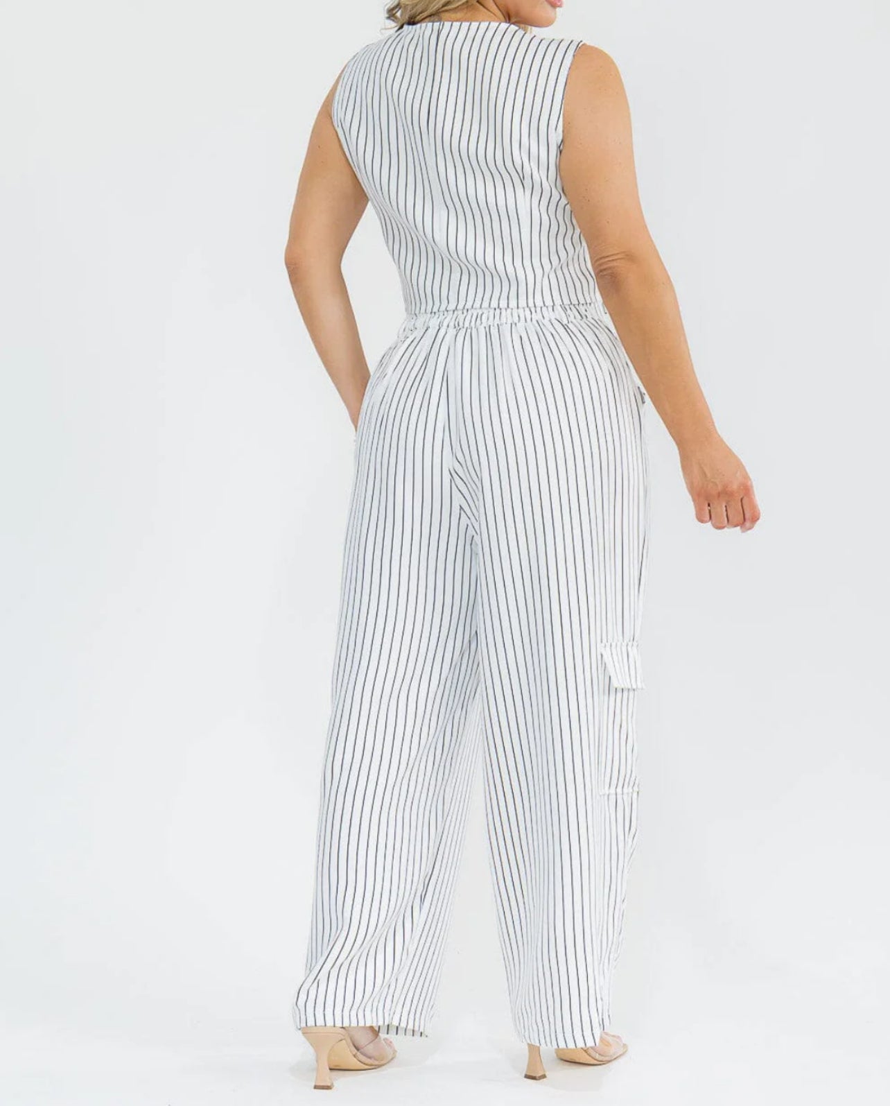 041926 Tabitha Striped Detail Sleeveless Blouse & Pant Set - 2 pc set